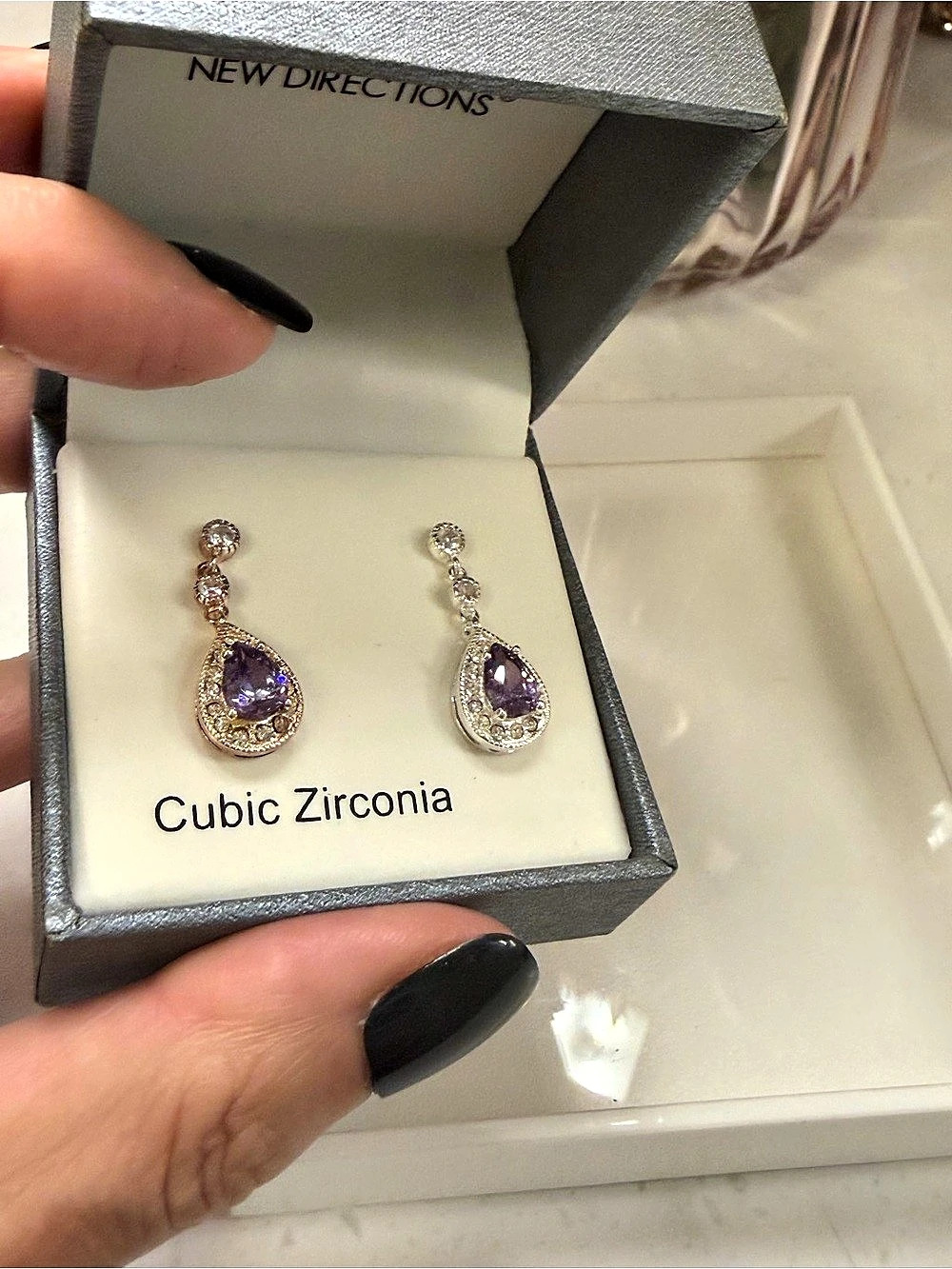 New Directions NIB light Purple gemstone w Cubic Zirconia Drop Earrings